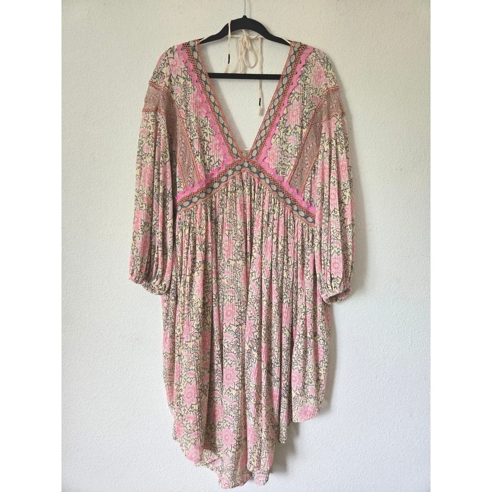 Free People XL Pink Floral Crochet Lace Moon Child Balloon Sleeve Dress Oversize